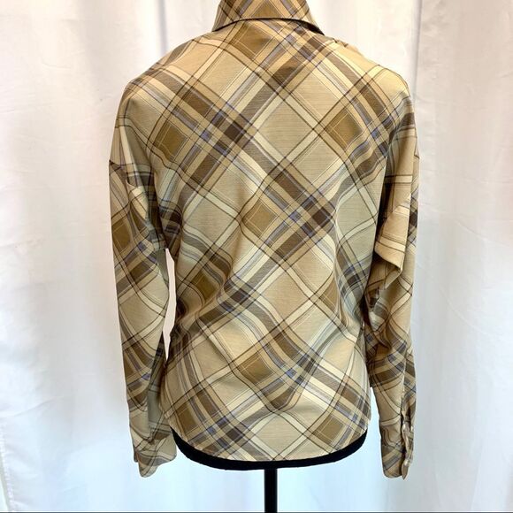 LAUREN Ralph Lauren tan brown plaid check wrap blouse Sz S - Picture 7 of 12